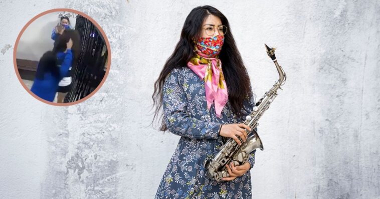 Captan presunta agresión de la saxofonista María Elena Ríos hacia mujer