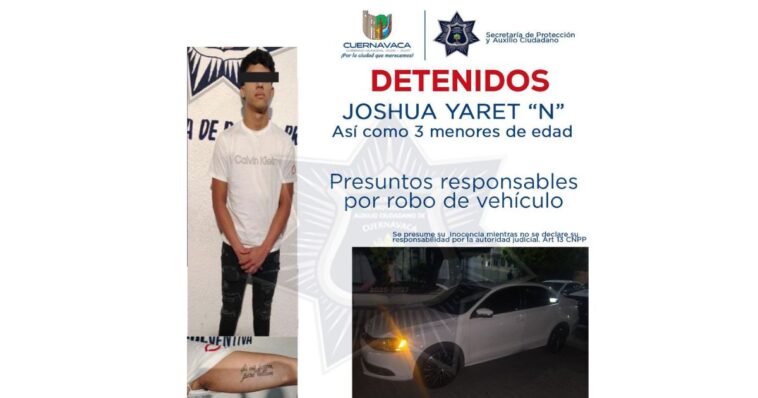 Detienen a cuatro personas por robo de vehículo en Cuernavaca